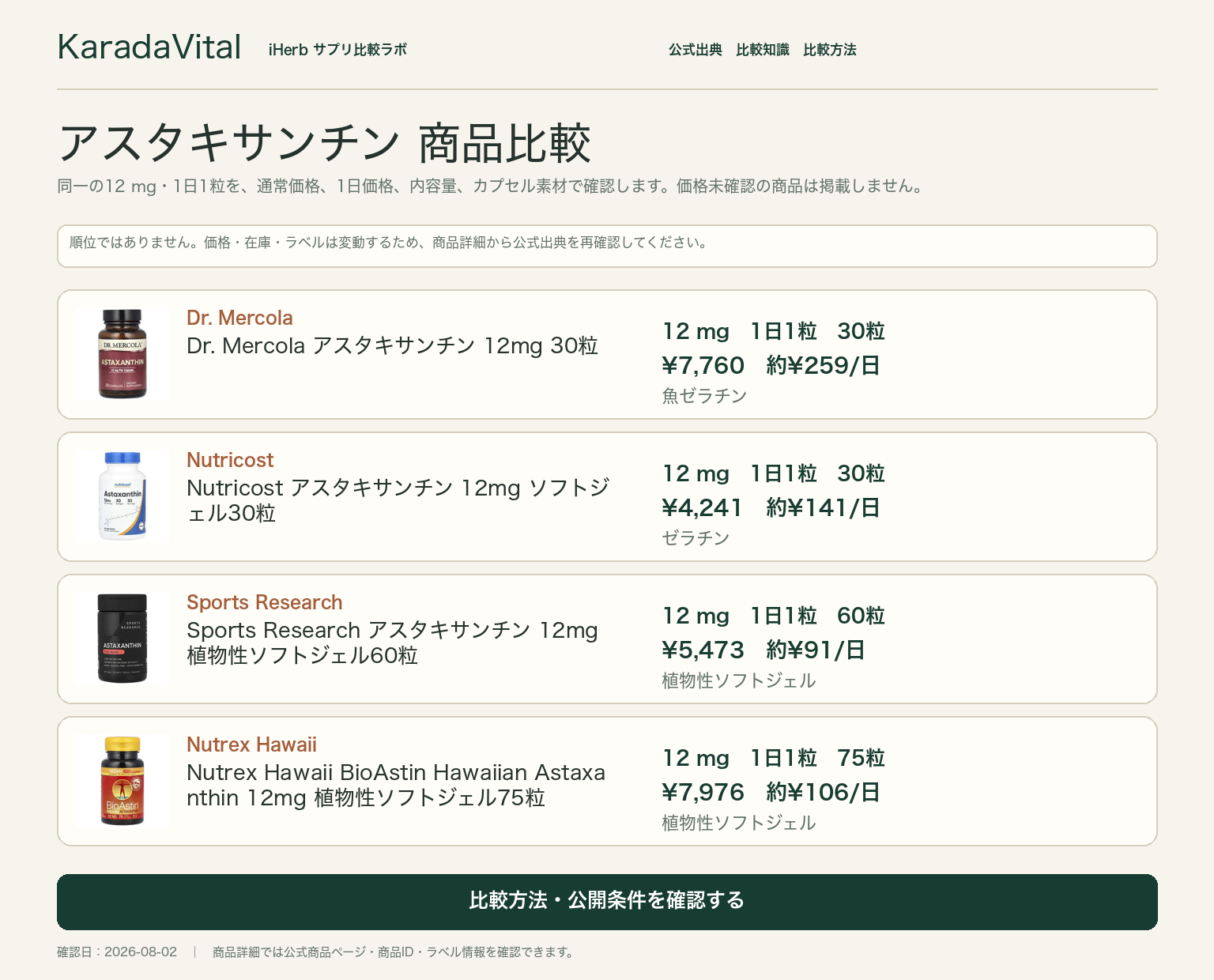 アスタキサンチンサプリ比較。含有量、形態、1日価格、粒数、確認日を同じ基準で確認する画面