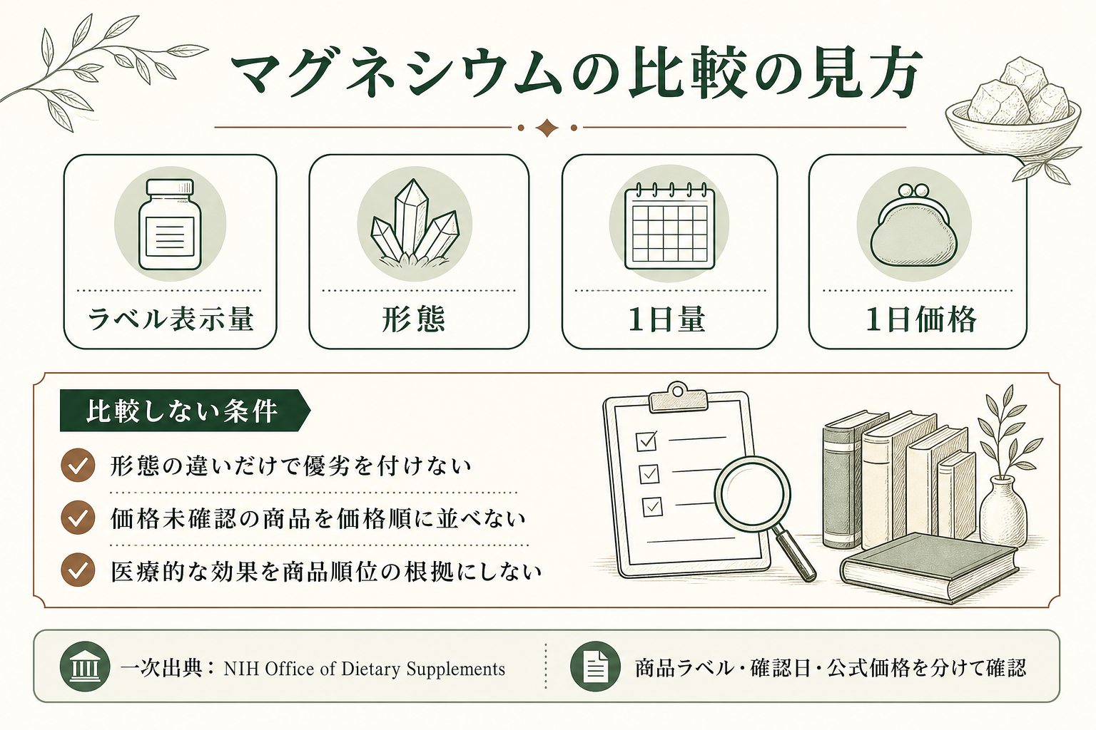 マグネシウムサプリの比較知識。公式一次出典、確認項目、順位付けしない条件を整理した画像