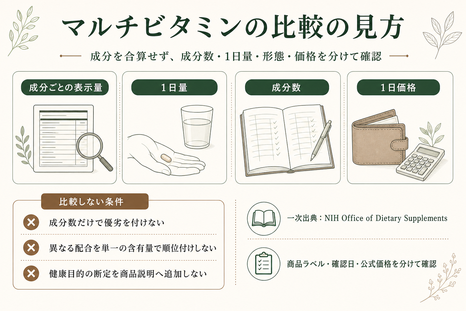 マルチビタミンサプリの比較知識。公式一次出典、確認項目、順位付けしない条件を整理した画像