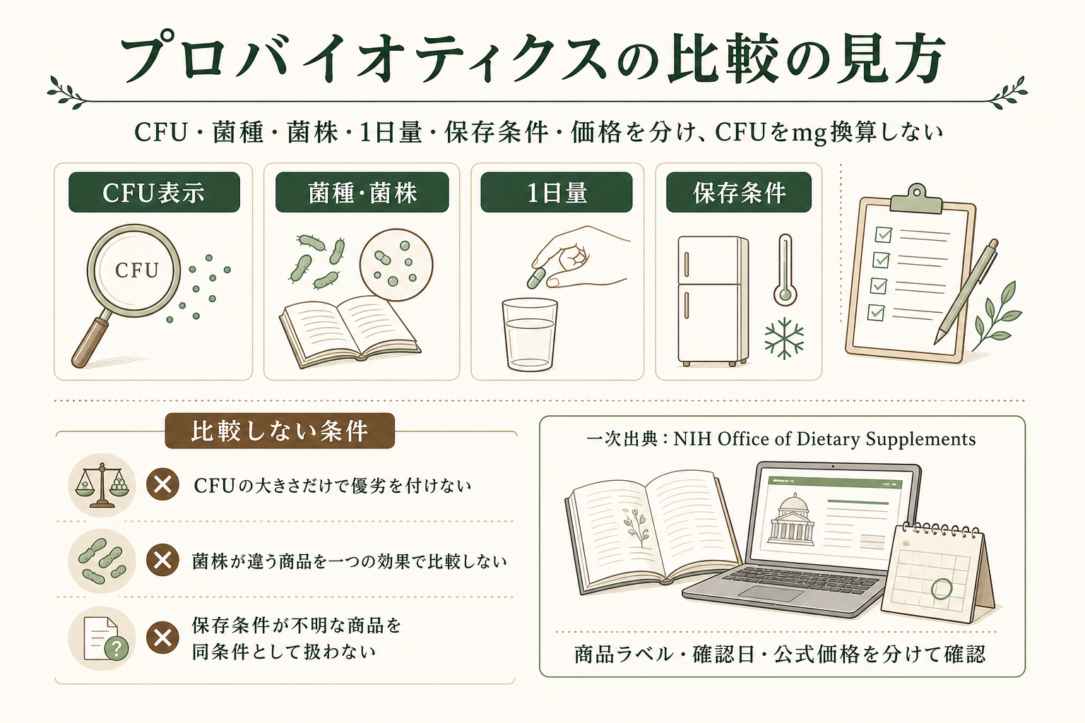 プロバイオティクスサプリの比較知識。公式一次出典、確認項目、順位付けしない条件を整理した画像