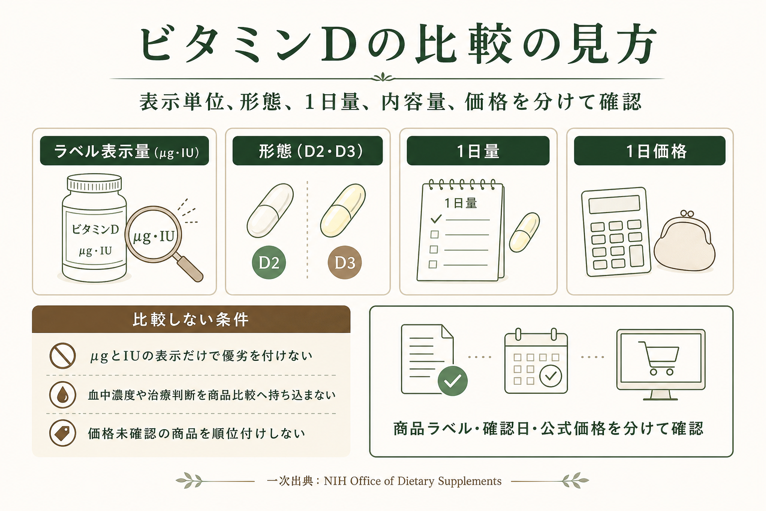 ビタミンDサプリの比較知識。公式一次出典、確認項目、順位付けしない条件を整理した画像