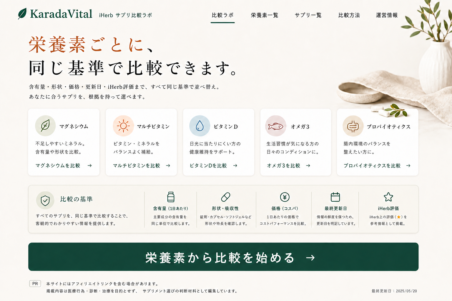 KaradaVital 商品比較。栄養素ごとに同じ基準で比較できるサービス画面