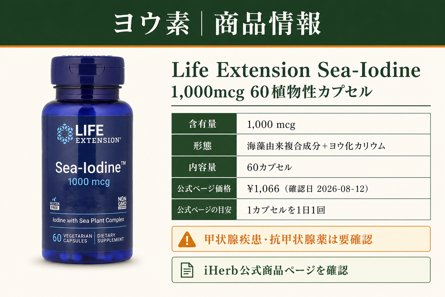 Life Extension（ライフエクステンション）, Sea-Iodine（シーアイオダイン）、1,000mcg、植物性カプセル60粒の商品詳細。ラベル情報、換算値、価格、出典を整理した画面