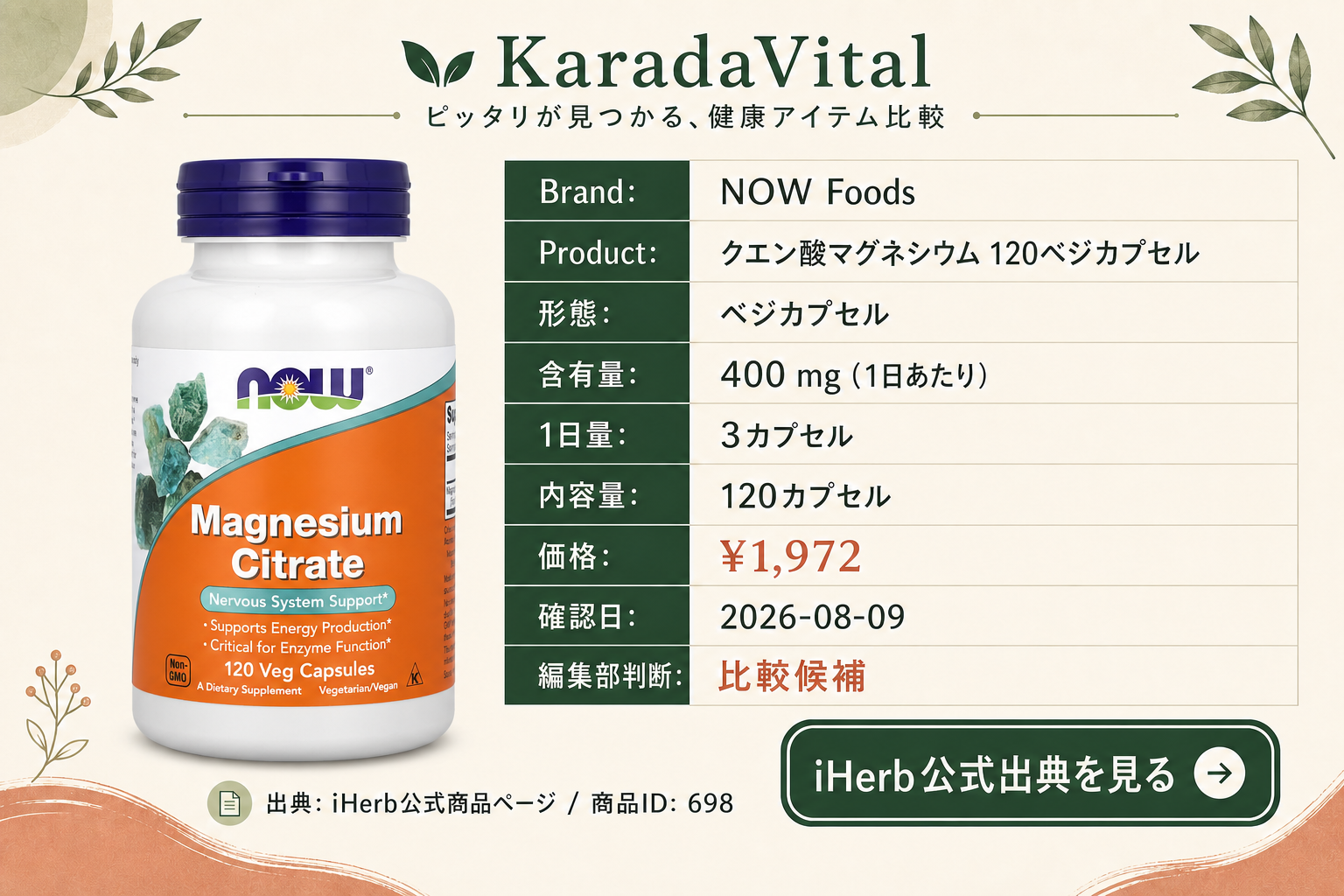 NOW Foods クエン酸マグネシウム 120ベジカプセルの商品詳細。ラベル情報、換算値、価格、出典を整理した画面