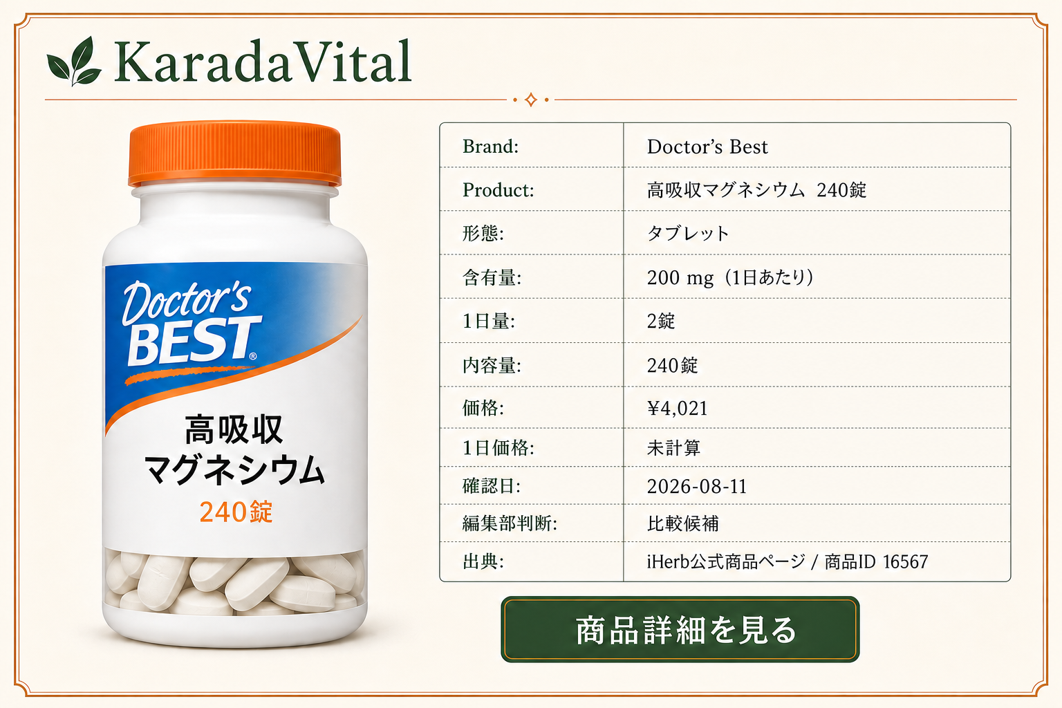 Doctor’s Best 高吸収マグネシウム 240錠の商品詳細。ラベル情報、換算値、価格、出典を整理した画面