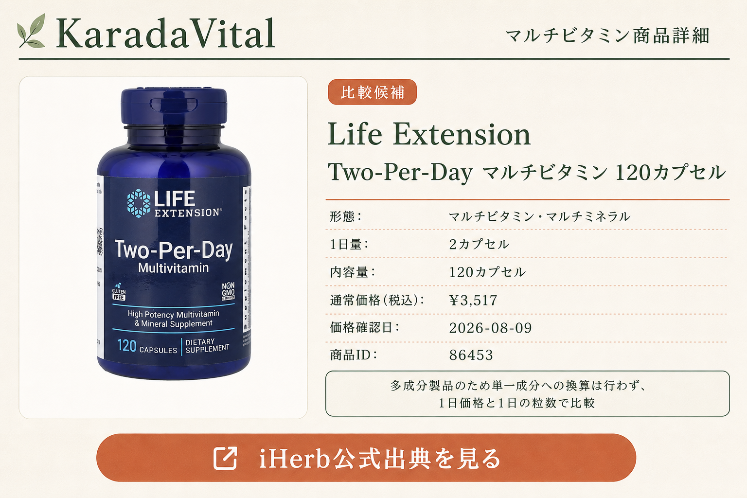 Life Extension Two-Per-Day マルチビタミン 120カプセルの商品詳細。ラベル情報、換算値、価格、出典を整理した画面