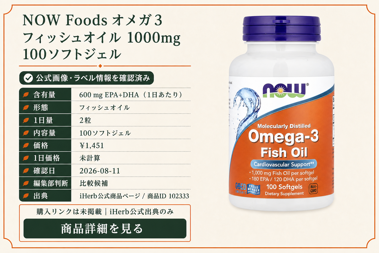 NOW Foods Omega-3 Fish Oil 1000mg 100ソフトジェルの商品詳細。ラベル情報、換算値、価格、出典を整理した画面