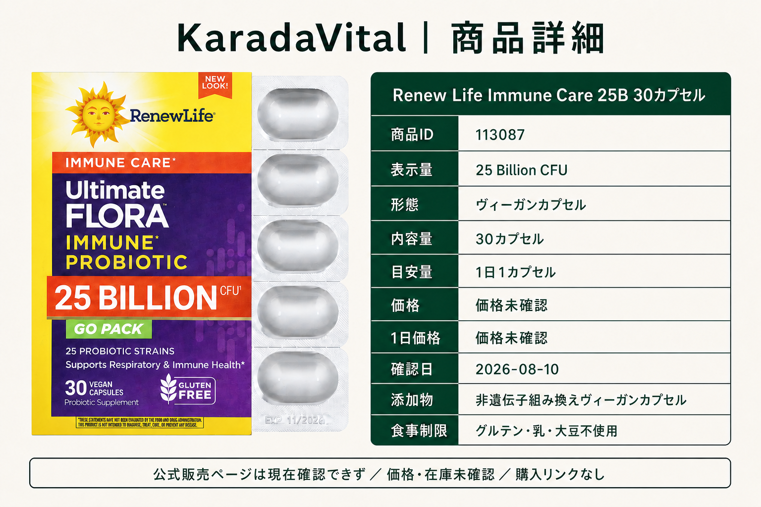 Renew Life Immune Care 25B 30カプセルの商品詳細。ラベル情報、換算値、価格、出典を整理した画面