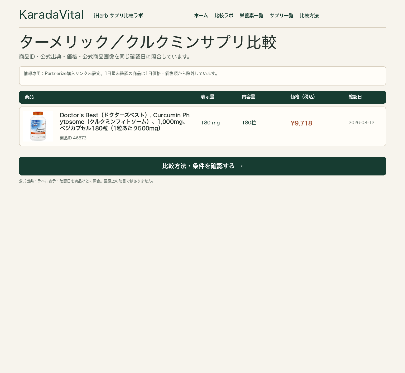 ターメリック・クルクミンサプリ比較。含有量、形態、1日価格、粒数、確認日を同じ基準で確認する画面