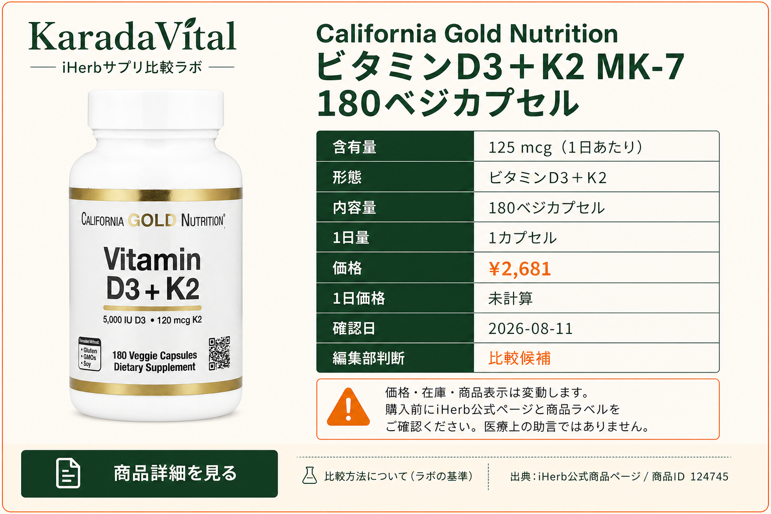 California Gold Nutrition ビタミンD3＋K2 MK-7 180ベジカプセルの商品詳細。ラベル情報、換算値、価格、出典を整理した画面