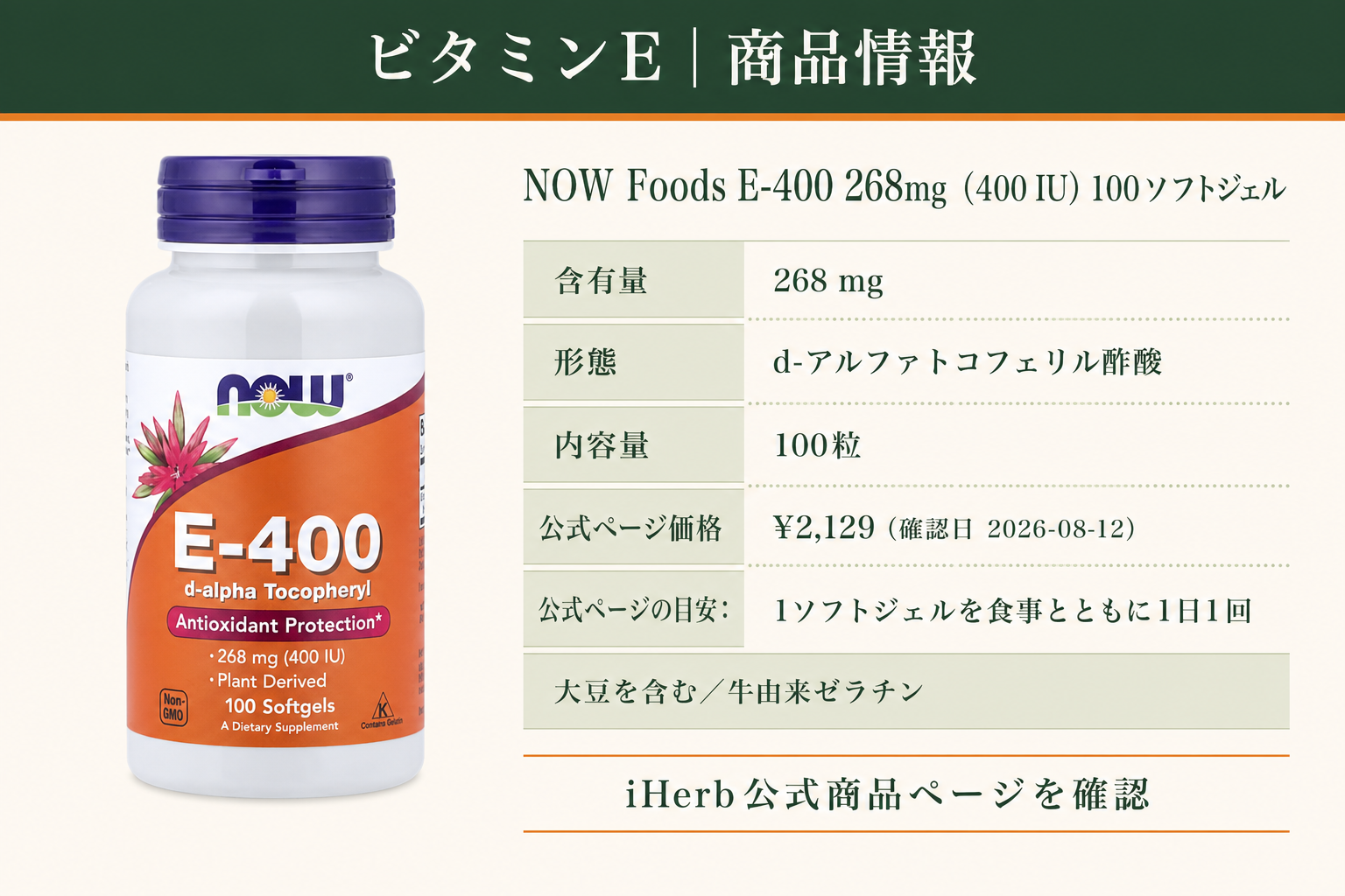 Now Foods(ナウフーズ), ビタミンE400、268mg(400 IU)、ソフトジェル100粒の商品詳細。ラベル情報、換算値、価格、出典を整理した画面