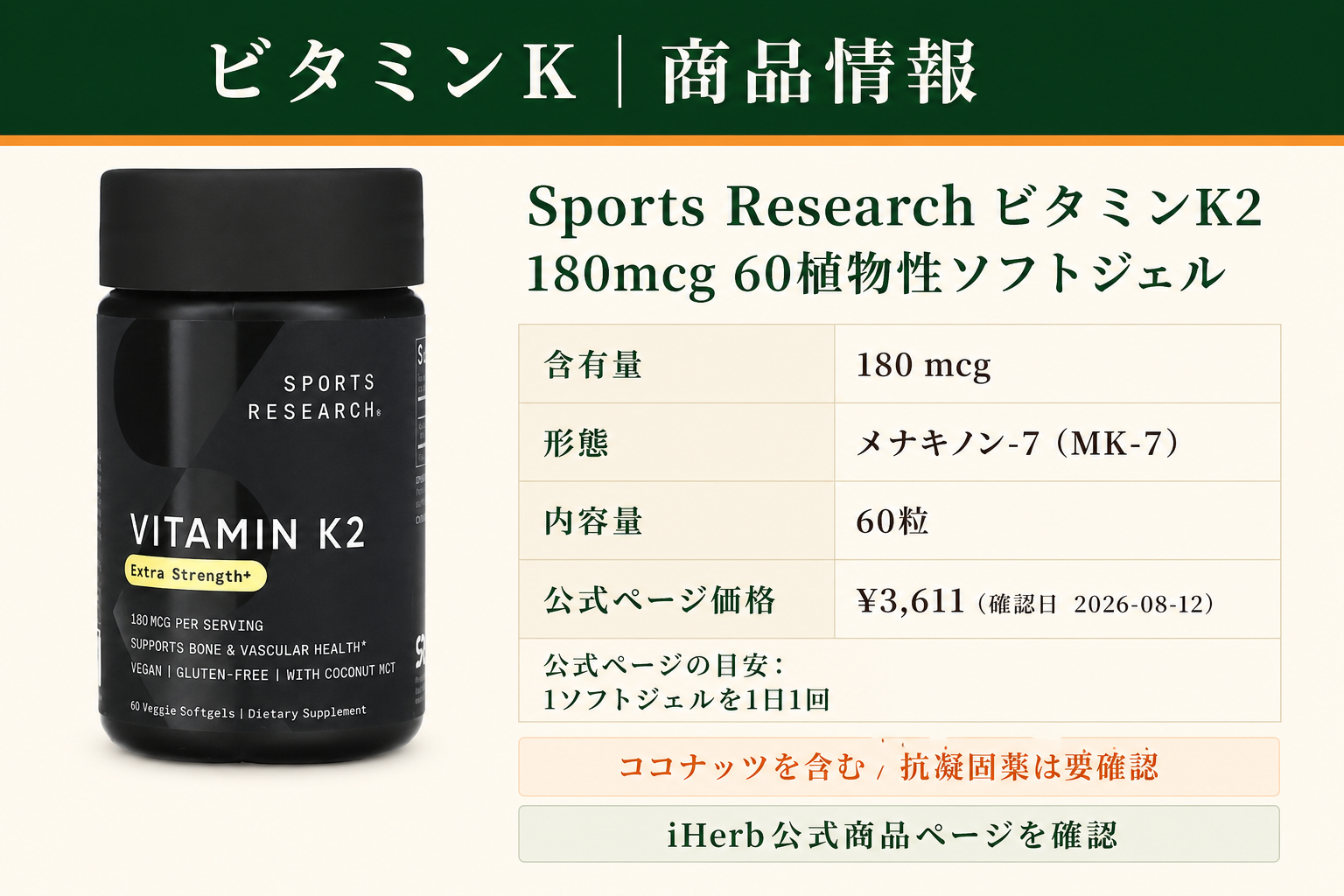 Sports Research（スポーツリサーチ）, ビタミンK2、180mcg、植物性ソフトジェル60粒の商品詳細。ラベル情報、換算値、価格、出典を整理した画面