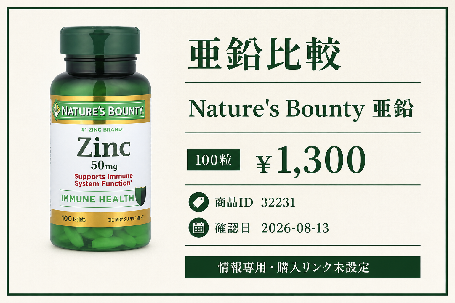 Nature’s Bounty（ネイチャーズバウンティー）, 亜鉛、50mg、タブレット100粒の商品詳細。ラベル情報、換算値、価格、出典を整理した画面