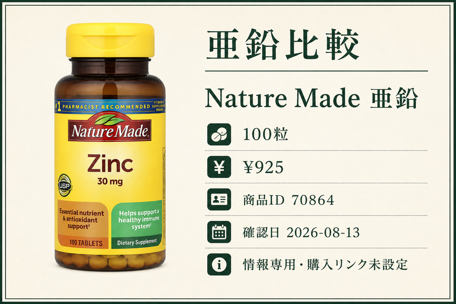 Nature Made（ネイチャーメイド）, 亜鉛、30mg、100粒の商品詳細。ラベル情報、換算値、価格、出典を整理した画面