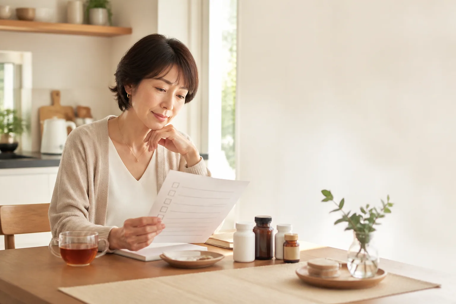 朝の食卓でチェックリストを読む女性とサプリメント